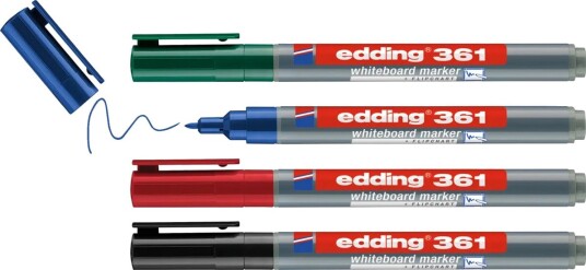 Edding 361 Whiteboard, 4 Stykker, Sort, Blå, Grønn, Rød, Projektil Spiss, Plast, Rund, 1 Mm