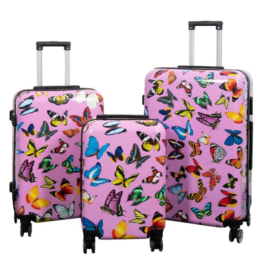 Borg Living Koffertsett - 3 stk. - Koffert med motiv - Rosa med sommerfugltrykk - Hardcase lettvekt koffert med 4 hjul Borg Living Koffertsett - 3 stk. - Koffert med motiv - Rosa med sommerfugltrykk - Hardcase lettvekt koffert med 4 hjul