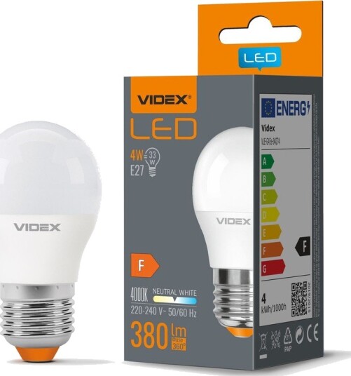 Videx E27 4W LED kronepære   G45 380lm 4000K flicker free   Kulør : Nøytral