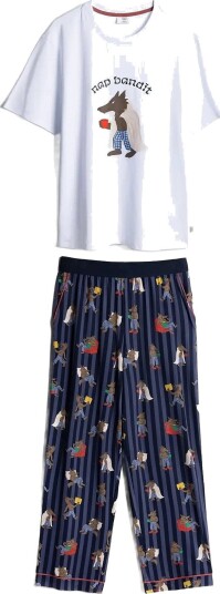 Chelsea Peers Nap Bandit Wolf Graphic Tee Long Pyjama Set   NAVY   XXL