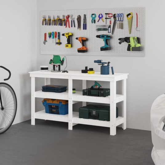 Arbeidsbenk hvit 142,5x50x80 cm heltre furu Arbeidsbenk hvit 142,5x50x80 cm heltre furu