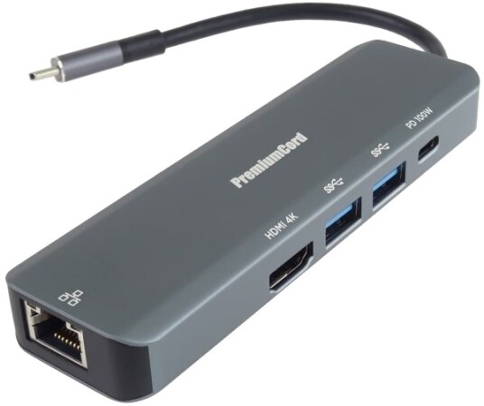 Usb Hub Premiumcord Premiumcord Usb C Til Gigabit 10/100/1000Mbps + 1X Hdmi + 2X Usb3.2 + Pd 100W Grå