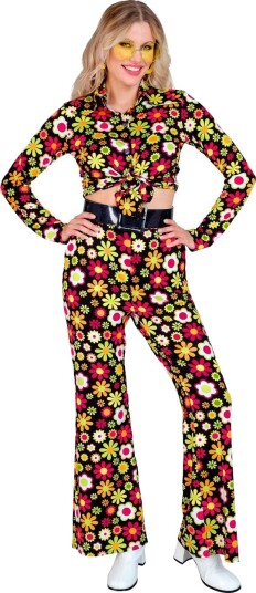 60" Svart Hippie Kostymebukse med Fargerike Blomster til Dame L/XL 60" Svart Hippie Kostymebukse med Fargerike Blomster til Dame L/XL