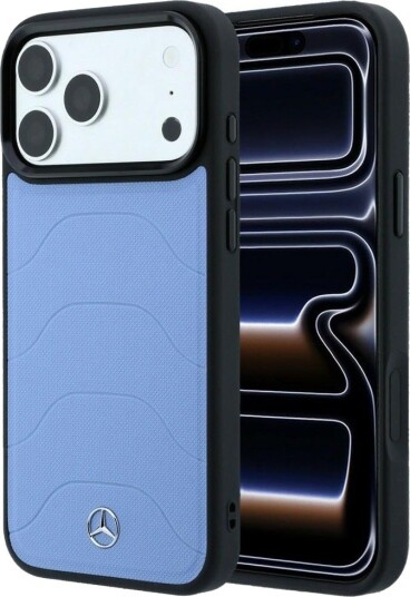 Mercedes-etui i skinn/mesh m. sløyfe og MagSafe til iPhone 18 Pro Max/17 Pro Max – blå