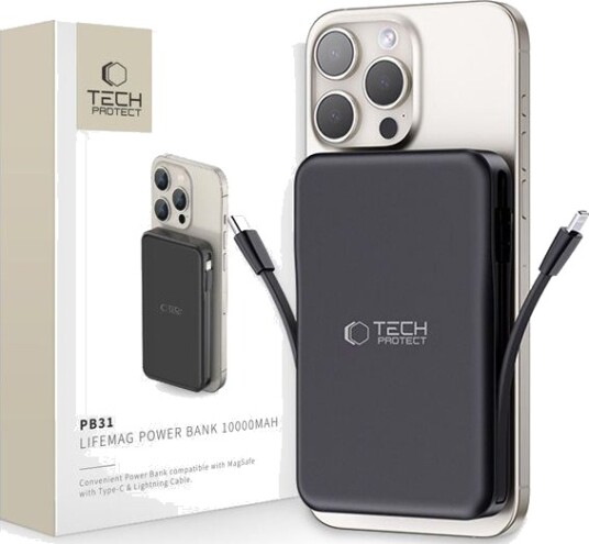 Tech-Protect LifeMag 10000mAh MagSafe Powerbank med USB-C og Lightning - Svart