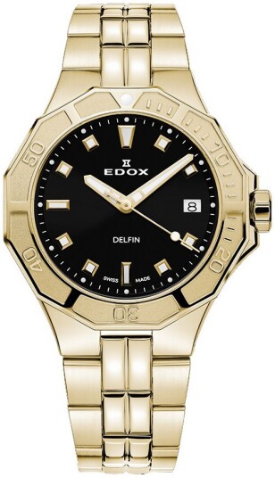 Edox Dameklokke 53020 37JM NID Delfin Sort/Gulltonet stål Ø38 mm