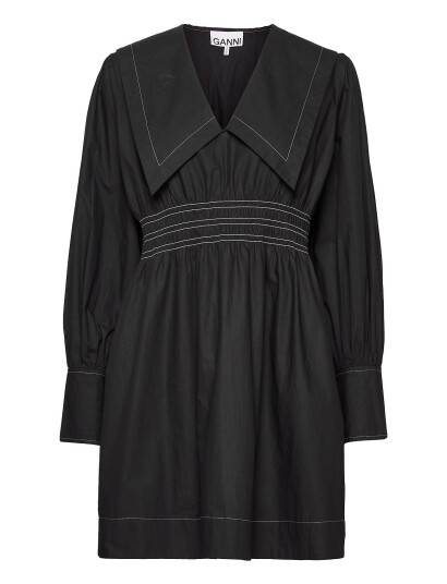 GANNI Cotton Poplin V Neck Smock Mini Dress Black 36 GANNI Cotton Poplin V Neck Smock Mini Dress Black 36