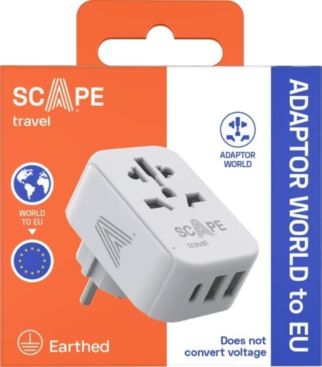 Scape Travel Reisetilbehør reiseadapter verden til EU 2x USB-A 1x USB-C (hvit)