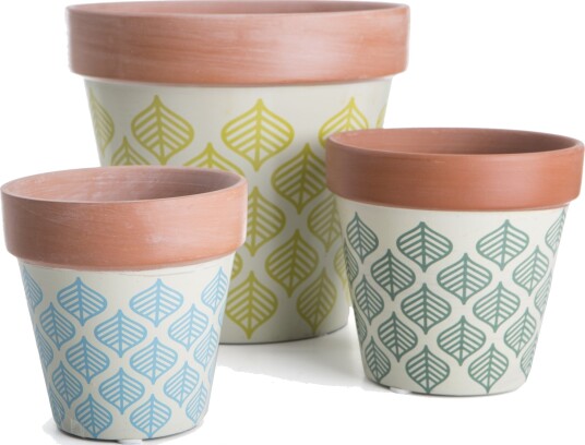 Potte s/3 i terracotta m/bladmønster i gul/grønn/blå