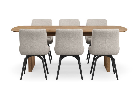 Bark Richeto Spisegruppe 210 cm med 6 Mora Snurrestoler Naturlig finish/Mørk beige