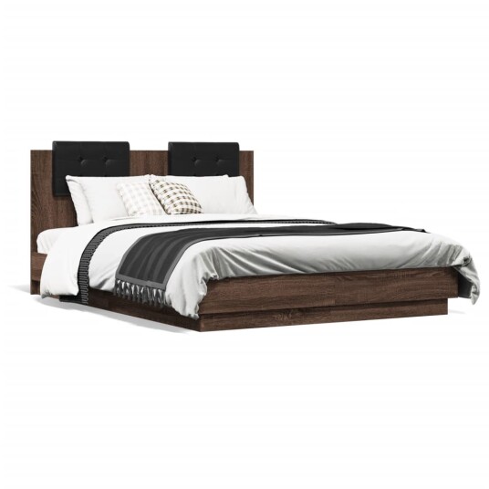  Sengeramme med hodegavl og LED-lys brun eik 135x190 cm 8721012277861
