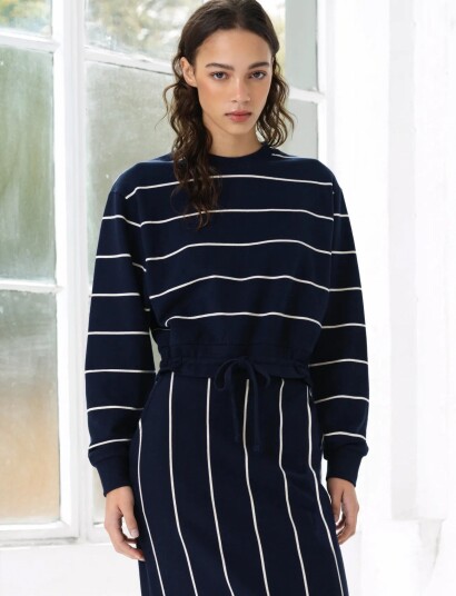 French Connection Sunday Sweat Striped D/S Top Navy S