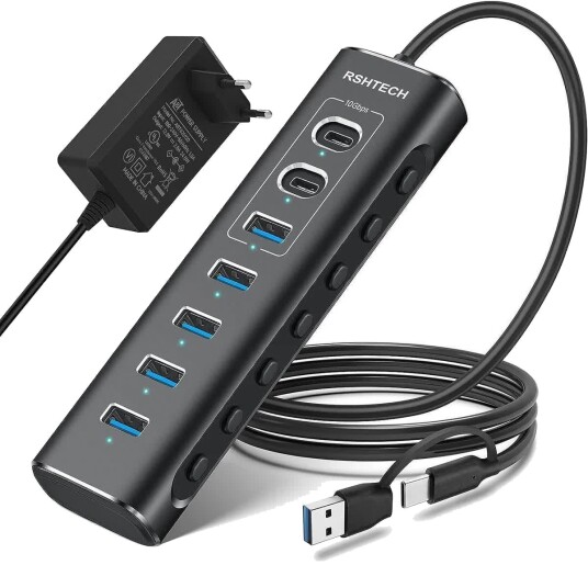 Nørdic USB 3.2 Gen 2 Dokkingstasjon 3x 10 Gbps 4x 5 Gbps 1 m kabel individuelle brytere