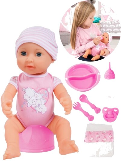 Bayer Design Piccolina babydukke med flaske, potte, bleie, servise og smokk 40 cm Bayer Design Piccolina babydukke med flaske, potte, bleie, servise og smokk 40 cm