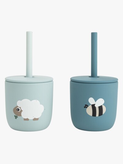 Done by Deer Silicone Straw Cup 2 Pack Tiny Farm Blue   Blue   CUP:Ø 7X H 7CM.STRAW:13.5CM