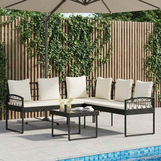 vidaXL Hagesofa Set med pute 2 pcs Svart og krem Poly Rattan Stål