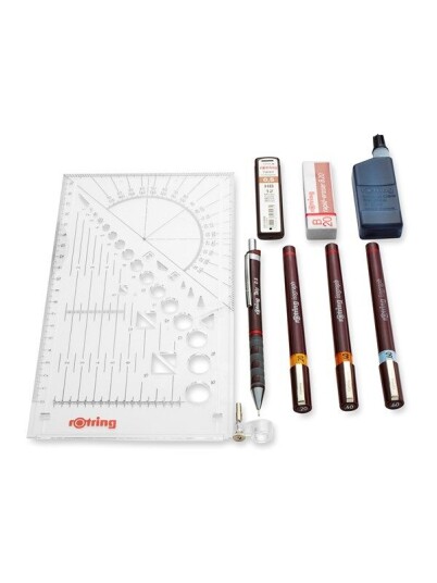 Rotring rOtring Isograph Fineliner Pen & Pencil College Set 3 Technical Pens .2mm .4mm .6mm and Mechanical Pencil .5mm + Accessories