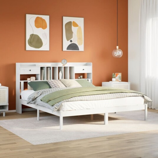  Seng med bokhylle uten madrass hvit 180x200 cm heltre furu 8721158604200