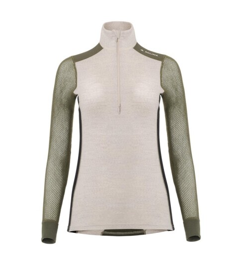 Aclima Woolnet Hybrid Mock Neck w/zip Woman Beige Melange/Olive Night/Jet Black XXL