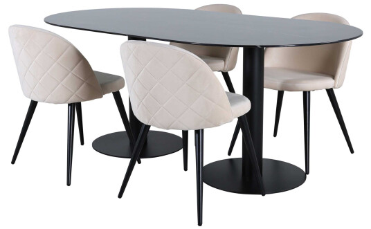 Venture Design Pillan & Velvet spisegruppe Beige/svart 4 stoler & bord 180 x 100 cm