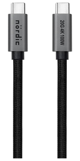 NÖRDIC 2m USB3.2 Gen2 USB-C til C Nylonflettet kabel Hurtiglading med strømforsyning PD100W 20Gbps 5A med Emarker