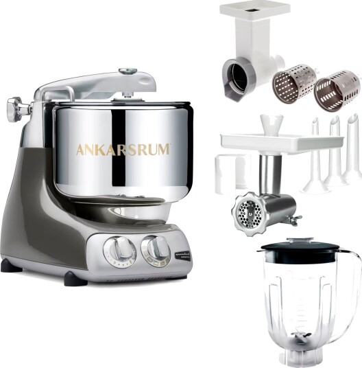Ankarsrum Assistent Original AKM 6230 kjøkkenmaskin med kjøttkvern skjæretilbehør og blenderkanne black chrome