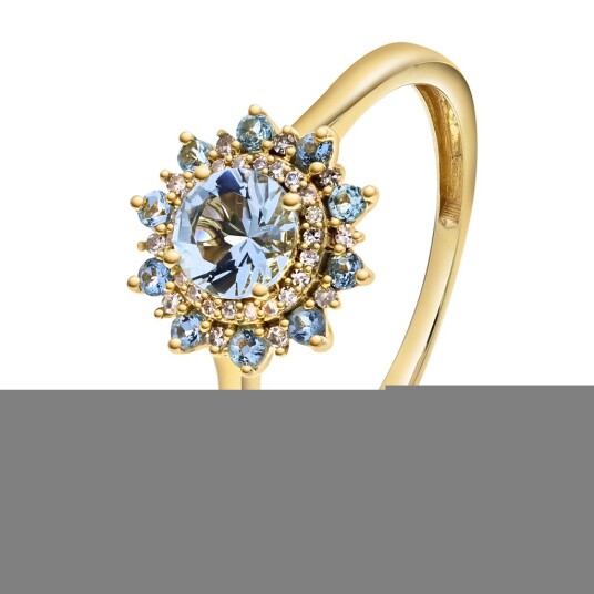 Pan Jewelry, Ring i 585 gult gull med diamanter 0,07 ct og aquamarin stener, størrelse 52