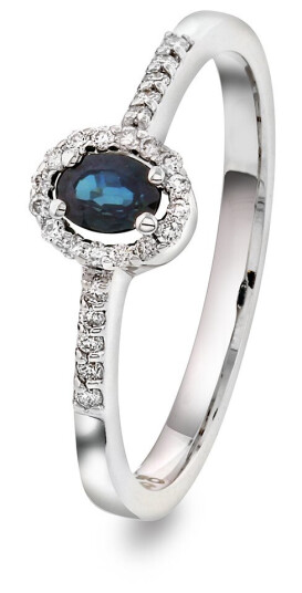 Pan Jewelry, Ring i 585 hvitt gull med safir og diamanter 0,08 ct, størrelse 56