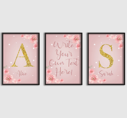 Namly Design 'Personlig Plakat Rosa med Gullbokstavnavn Sett med 3' POSTERJCLP9X