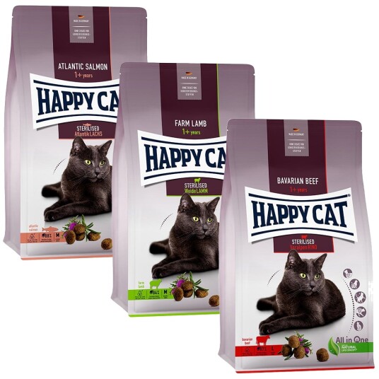 Happy Cat Sterilised Adult Mix Storfekjøtt Laks Lam 3X10 kg