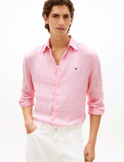 Tommy Hilfiger Linen Bengal Stripe Rf Shirt   Pink   XXL