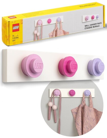 LEGO Storage Wall hanger rack LEGO knaggrekke til barnerommet mørk rosa, lys rosa og lilla LEGO Storage Wall hanger rack LEGO knaggrekke til barnerommet mørk rosa, lys rosa og lilla
