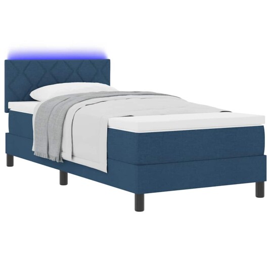 Box Spring seng med madrass & LED Blå 90x200 cm Stoff