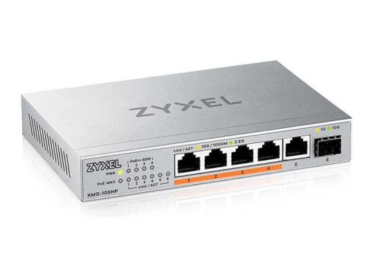 Zyxel Xmg-100 Series Xmg-105Hp - Switch - Ustyrt - Ikke-Styrt - 5 X 100/1000/2.5G (Poe++) + 1 X Gigabit Sfp / 10 Gigabit Sfp+ - Stasjonær, Veggmonterbar - Poe++ (70 W)