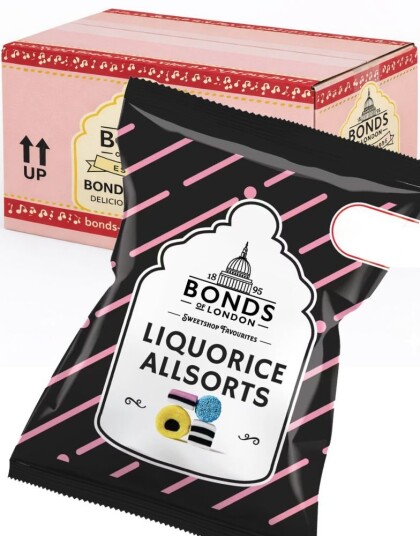 12 Liquorice Allsorts / Engelsk Lakris Konfekt   Bonds of London UK   Hel Eske