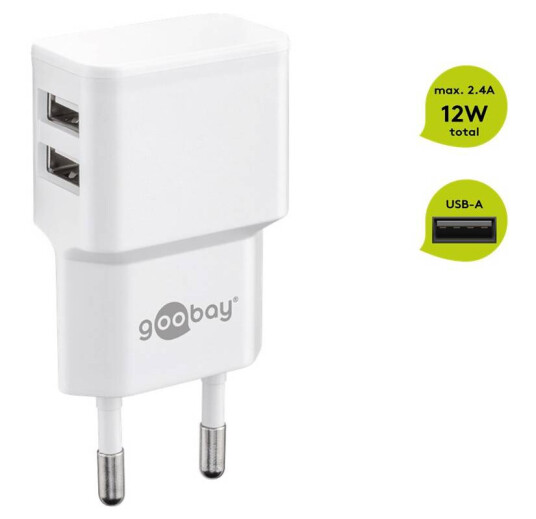 Goobay Dobbel USB-lader 2x 2,4A 12W Hvit for Mobil