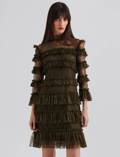 Malina Carmine Frill Lace Mini Dress - Khaki green - XS Malina Carmine Frill Lace Mini Dress - Khaki green - XS