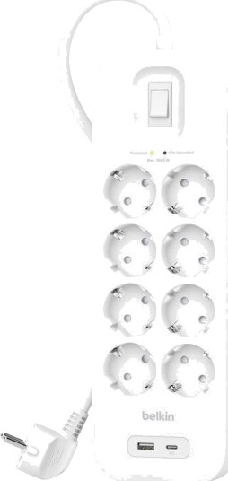 Belkin Strømforgrener 8x uttak og 2x USB 2m (hvit) 8x Schuko, 1x USB-A, 1x USB-C, strømbryter, jordet, overspenningsvern Belkin Strømforgrener 8x uttak og 2x USB 2m (hvit) 8x Schuko, 1x USB-A, 1x USB-C, strømbryter, jordet, overspenningsvern