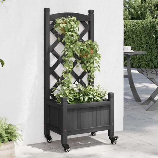 Plantekasse med espalier og hjul svart heltre gran
