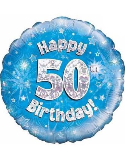 Happy 50th Birthday Blå Holografisk Folieballong 45 cm
