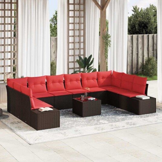 vidaXL Hagesofa Set 10 stk. 9-Antall seter Brun og rød Polyrattan