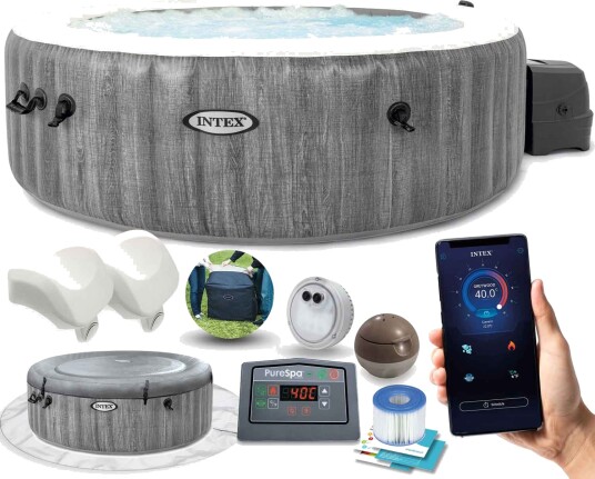Intex PureSpa Greywood Deluxe oppblåsbart boblebad til 6 personer med touch panel 1098 liter