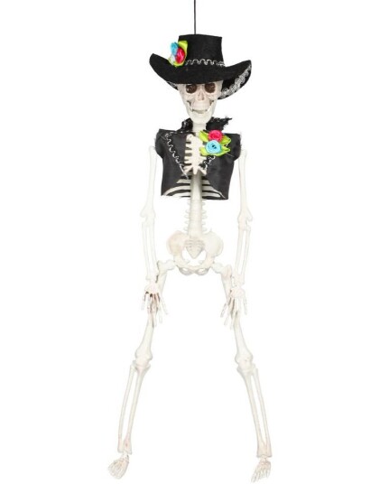 Hengende Skjelett Mann med Hatt og Vest 41 cm