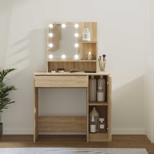 vidaXL Sminkebord med LED sonoma eik 86,5x35x136 cm