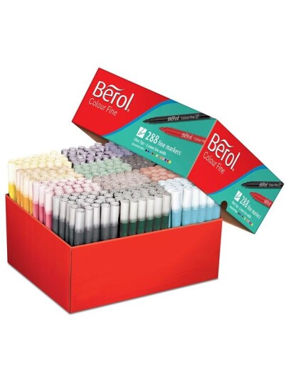Berol filtspiss fargetusjer tynn spiss 06mm vaskbar assorterte farger eske med 288 stk.