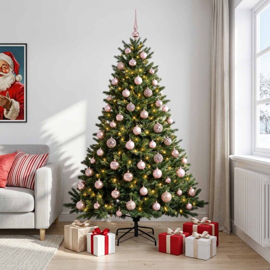 vidaXL Kunstig juletre med julekuler 240 cm 300 LED-lys Varmhvit