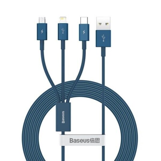 Baseus Superior 3-i-1 USB-kabel for Lightning, MicroUSB og USB-C - blå