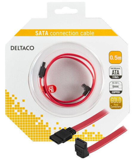 Deltaco SATA-05A-K - SATA/SAS-kabel - SATA (hunn) til SATA (hunn) - 50 cm - nedvinklet kontakt, rett kontakt - rød