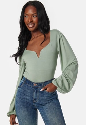BUBBLEROOM Square V-neck Long Sleeve Puff Top Green M BUBBLEROOM Square V-neck Long Sleeve Puff Top Green M