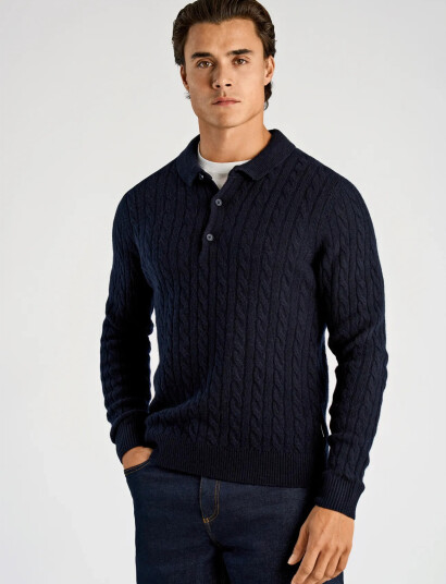 Lindbergh Lambswool L/S Button Polo - Navy - M